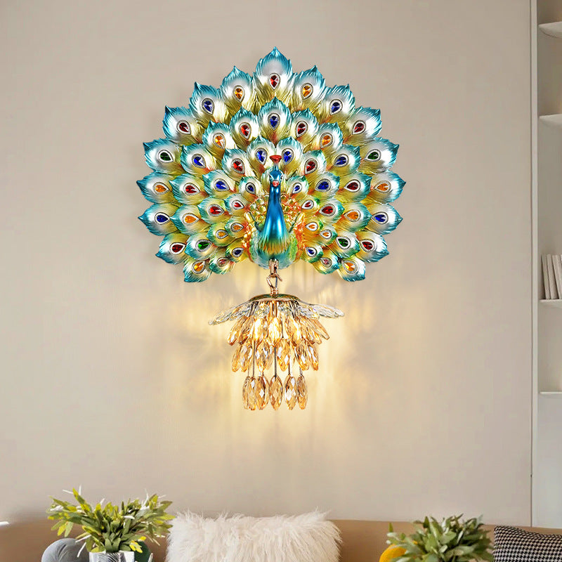 Contemporary Creative Resin Peacock Crystal Ball Shade 1-Light Wall Sconce Lamp For Living Room