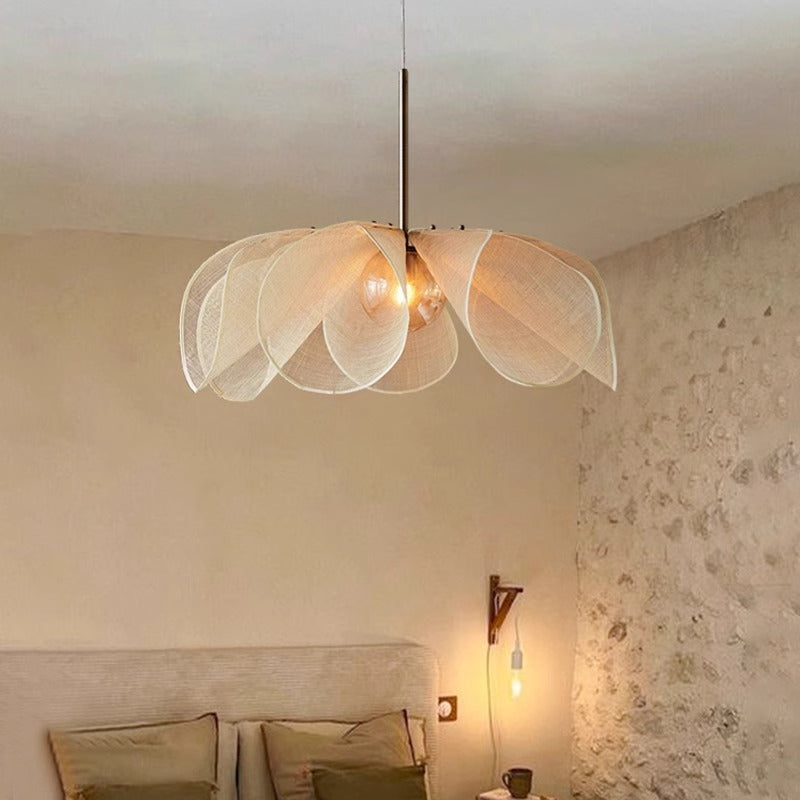 Traditional French Natural Abaca Flower Shade Hardware 1-Light Pendant Light For Dining Room