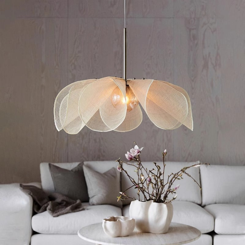 Traditional French Natural Abaca Flower Shade Hardware 1-Light Pendant Light For Dining Room