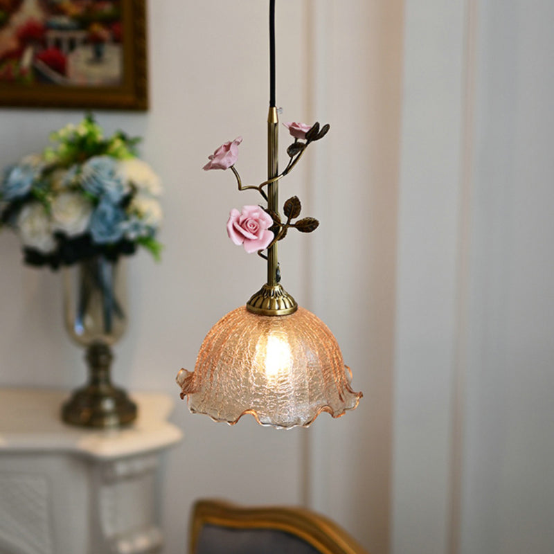 Traditional French Ceramic Rose Flower Frosted Glass Shade 1-Light Pendant Light For Living Room