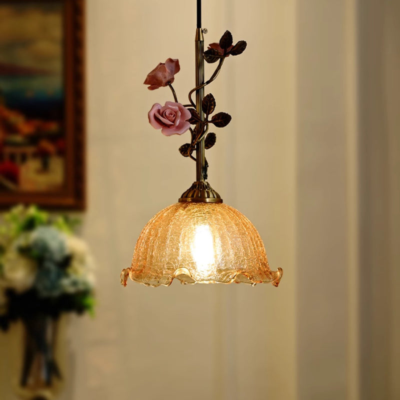 Traditional French Ceramic Rose Flower Frosted Glass Shade 1-Light Pendant Light For Living Room