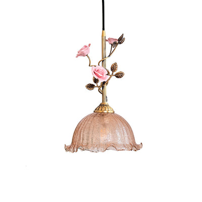 Traditional French Ceramic Rose Flower Frosted Glass Shade 1-Light Pendant Light For Living Room