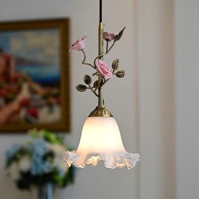 Traditional French Ceramic Rose Flower Frosted Glass Shade 1-Light Pendant Light For Living Room