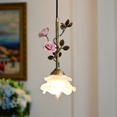 Traditional French Ceramic Rose Flower Frosted Glass Shade 1-Light Pendant Light For Living Room