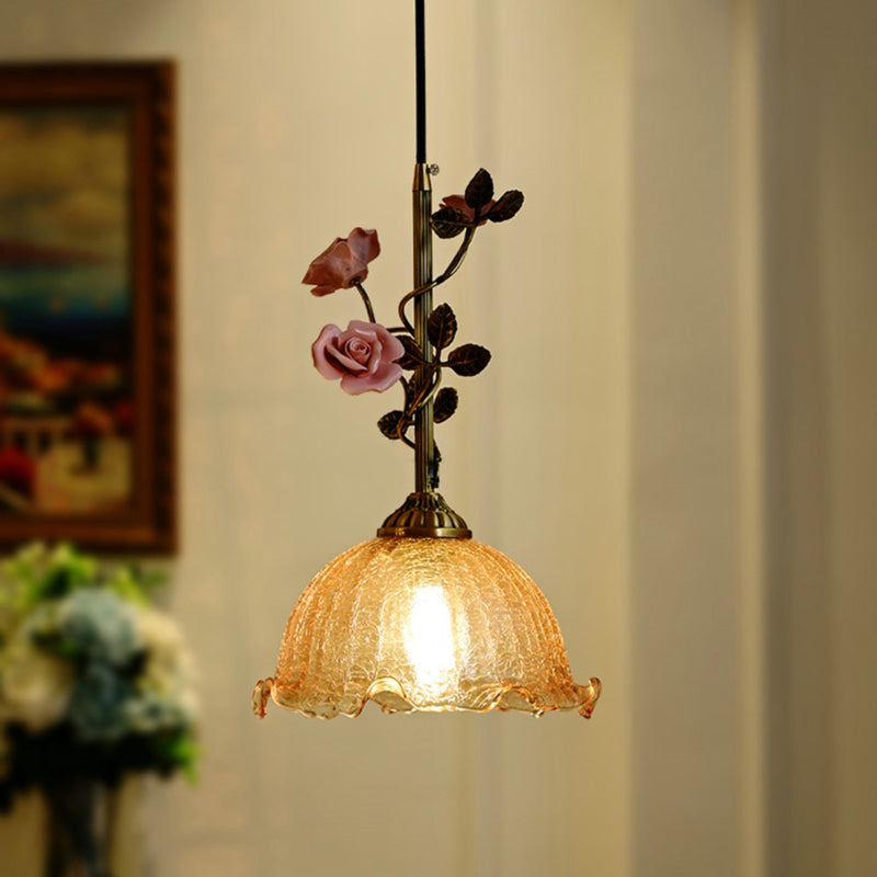 Traditional French Ceramic Rose Flower Frosted Glass Shade 1-Light Pendant Light For Living Room