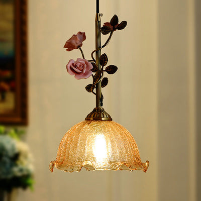 Traditional French Ceramic Rose Flower Frosted Glass Shade 1-Light Pendant Light For Living Room