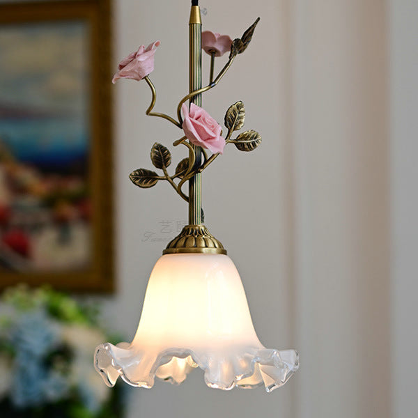 Traditional French Ceramic Rose Flower Frosted Glass Shade 1-Light Pendant Light For Living Room