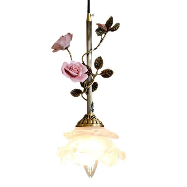 Traditional French Ceramic Rose Flower Frosted Glass Shade 1-Light Pendant Light For Living Room