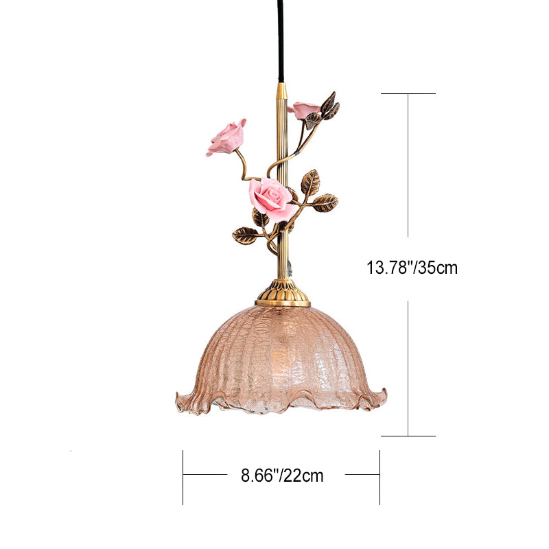 Traditional French Ceramic Rose Flower Frosted Glass Shade 1-Light Pendant Light For Living Room