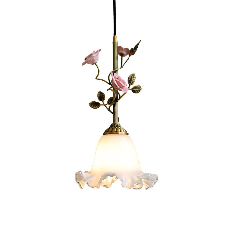 Traditional French Ceramic Rose Flower Frosted Glass Shade 1-Light Pendant Light For Living Room