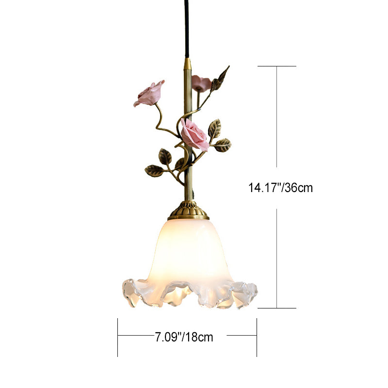 Traditional French Ceramic Rose Flower Frosted Glass Shade 1-Light Pendant Light For Living Room