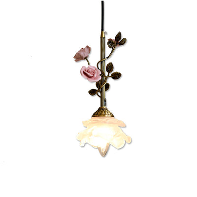 Traditional French Ceramic Rose Flower Frosted Glass Shade 1-Light Pendant Light For Living Room