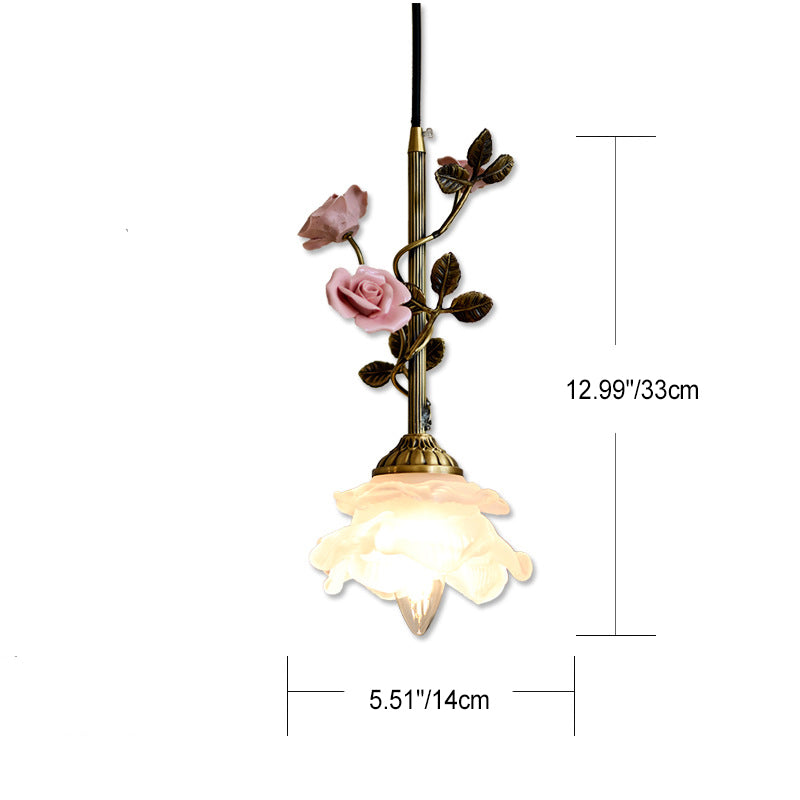 Traditional French Ceramic Rose Flower Frosted Glass Shade 1-Light Pendant Light For Living Room