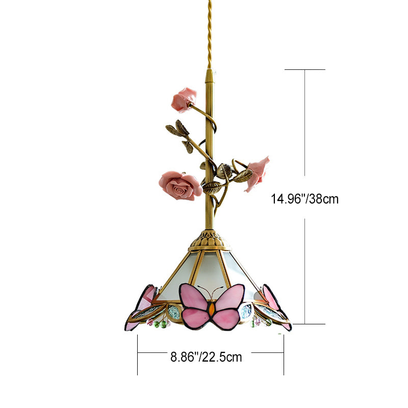 Traditional Tiffany Stained Glass Conical Shade Ceramic Rose Flower 1-Light Pendant Light For Living Room