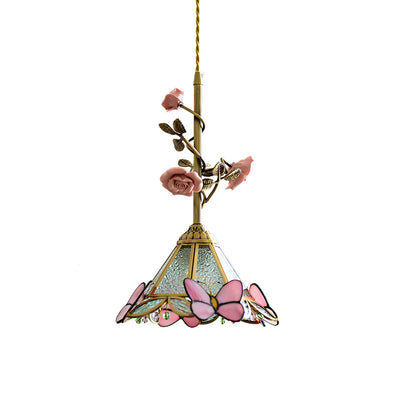 Traditional Tiffany Stained Glass Conical Shade Ceramic Rose Flower 1-Light Pendant Light For Living Room