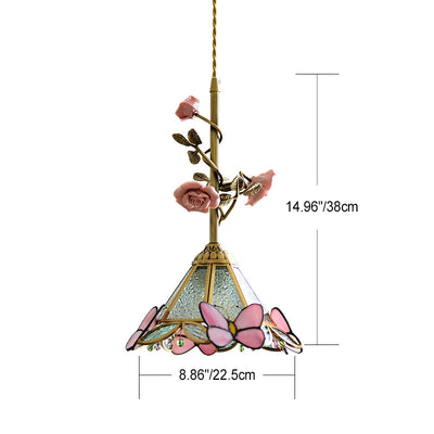 Traditional Tiffany Stained Glass Conical Shade Ceramic Rose Flower 1-Light Pendant Light For Living Room