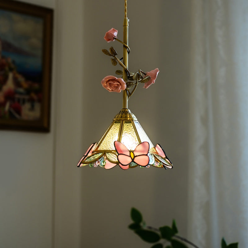 Traditional Tiffany Stained Glass Conical Shade Ceramic Rose Flower 1-Light Pendant Light For Living Room