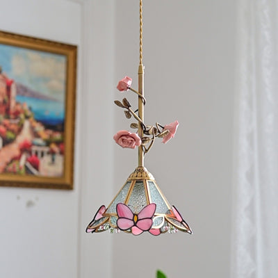 Traditional Tiffany Stained Glass Conical Shade Ceramic Rose Flower 1-Light Pendant Light For Living Room