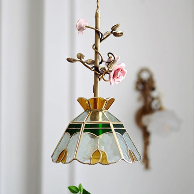 Traditional Tiffany Stained Glass Conical Shade Ceramic Rose Flower 1-Light Pendant Light For Living Room