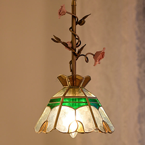 Traditional Tiffany Stained Glass Conical Shade Ceramic Rose Flower 1-Light Pendant Light For Living Room