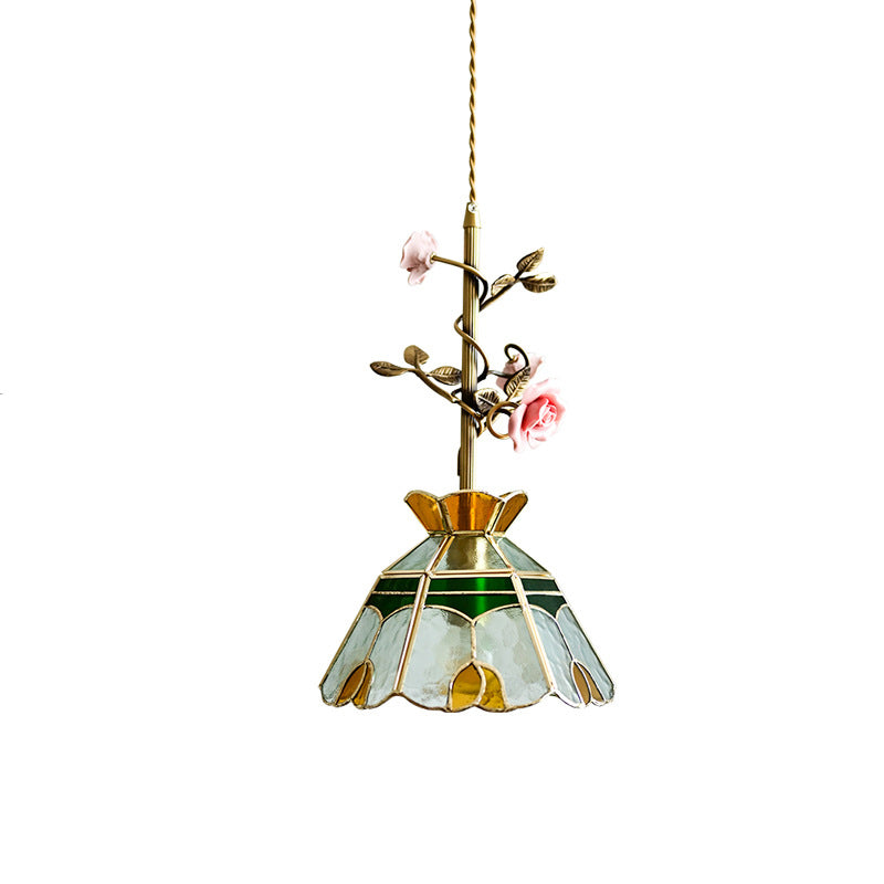 Traditional Tiffany Stained Glass Conical Shade Ceramic Rose Flower 1-Light Pendant Light For Living Room