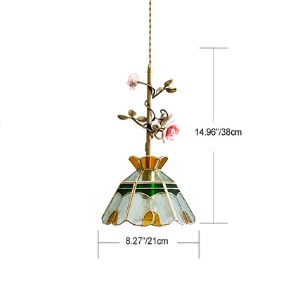 Traditional Tiffany Stained Glass Conical Shade Ceramic Rose Flower 1-Light Pendant Light For Living Room