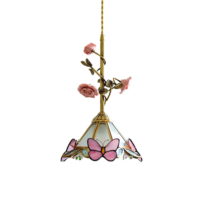 Traditional Tiffany Stained Glass Conical Shade Ceramic Rose Flower 1-Light Pendant Light For Living Room