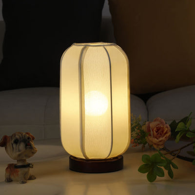 Traditional Chinese Fabric Cylinder Shade Wood Base 1-Light Table Lamp For Bedroom