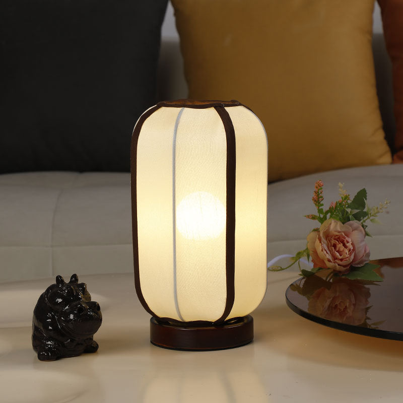 Traditional Chinese Fabric Cylinder Shade Wood Base 1-Light Table Lamp For Bedroom