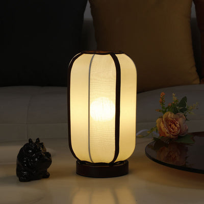 Traditional Chinese Fabric Cylinder Shade Wood Base 1-Light Table Lamp For Bedroom