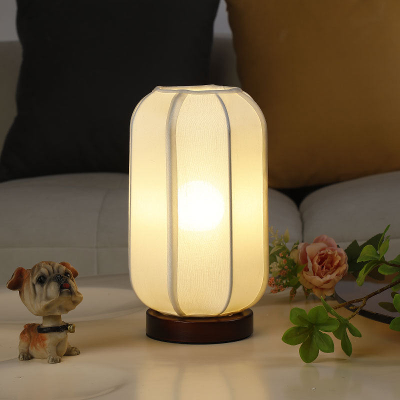 Traditional Chinese Fabric Cylinder Shade Wood Base 1-Light Table Lamp For Bedroom