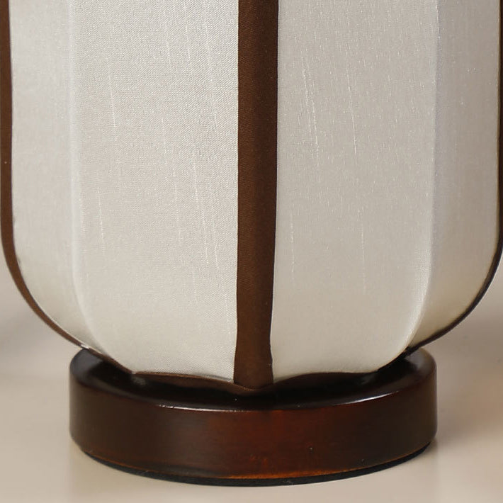 Traditional Chinese Fabric Cylinder Shade Wood Base 1-Light Table Lamp For Bedroom