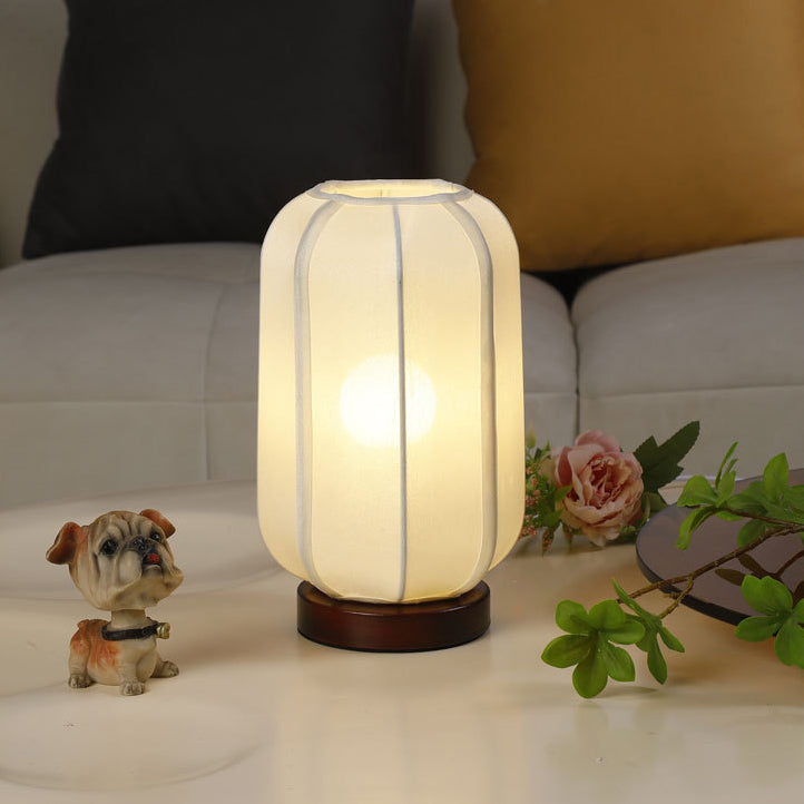 Traditional Chinese Fabric Cylinder Shade Wood Base 1-Light Table Lamp For Bedroom