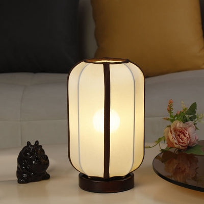 Traditional Chinese Fabric Cylinder Shade Wood Base 1-Light Table Lamp For Bedroom