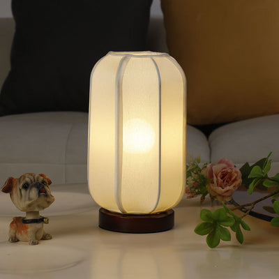 Traditional Chinese Fabric Cylinder Shade Wood Base 1-Light Table Lamp For Bedroom