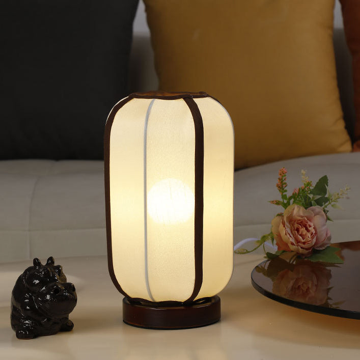 Traditional Chinese Fabric Cylinder Shade Wood Base 1-Light Table Lamp For Bedroom