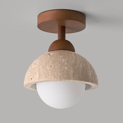 Traditional Japanese Beige Travertine Round Shade Solid Wood 1-Light Semi-Flush Mount Ceiling Light For Living Room