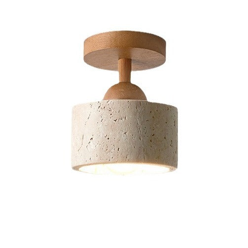 Traditional Japanese Beige Travertine Round Shade Solid Wood 1-Light Semi-Flush Mount Ceiling Light For Living Room