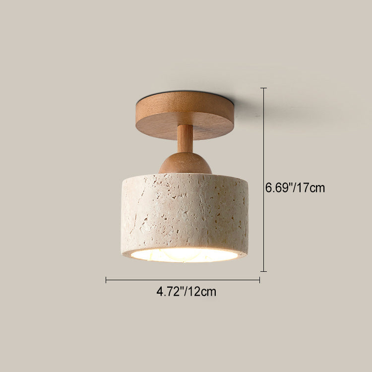 Traditional Japanese Beige Travertine Round Shade Solid Wood 1-Light Semi-Flush Mount Ceiling Light For Living Room