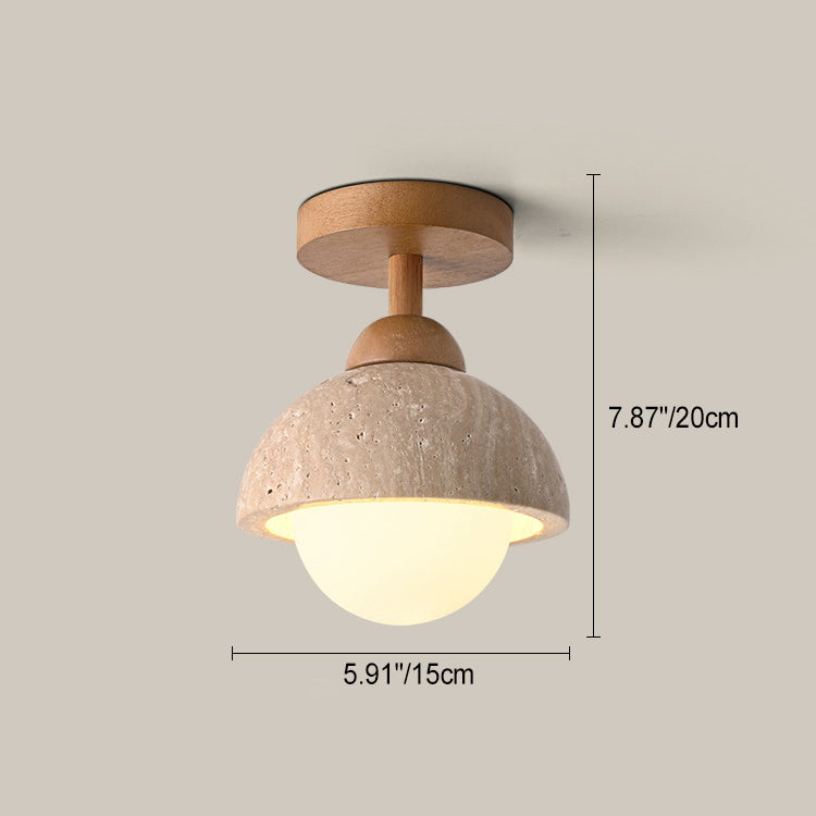 Traditional Japanese Beige Travertine Round Shade Solid Wood 1-Light Semi-Flush Mount Ceiling Light For Living Room