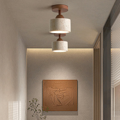 Traditional Japanese Beige Travertine Round Shade Solid Wood 1-Light Semi-Flush Mount Ceiling Light For Living Room