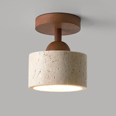 Traditional Japanese Beige Travertine Round Shade Solid Wood 1-Light Semi-Flush Mount Ceiling Light For Living Room