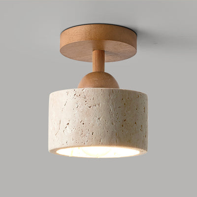 Traditional Japanese Beige Travertine Round Shade Solid Wood 1-Light Semi-Flush Mount Ceiling Light For Living Room