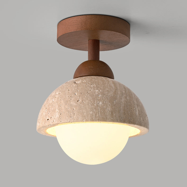 Traditional Japanese Beige Travertine Round Shade Solid Wood 1-Light Semi-Flush Mount Ceiling Light For Living Room