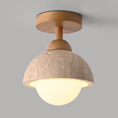 Traditional Japanese Beige Travertine Round Shade Solid Wood 1-Light Semi-Flush Mount Ceiling Light For Living Room