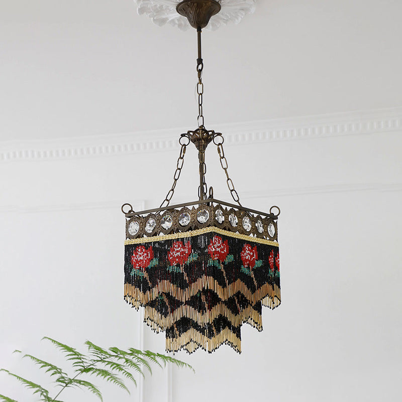 Contemporary Boho Square Brass Frame Rose Flower Tassel Crystal 5-Light Chandelier For Living Room