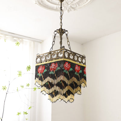 Contemporary Boho Square Brass Frame Rose Flower Tassel Crystal 5-Light Chandelier For Living Room