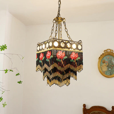 Contemporary Boho Square Brass Frame Rose Flower Tassel Crystal 5-Light Chandelier For Living Room