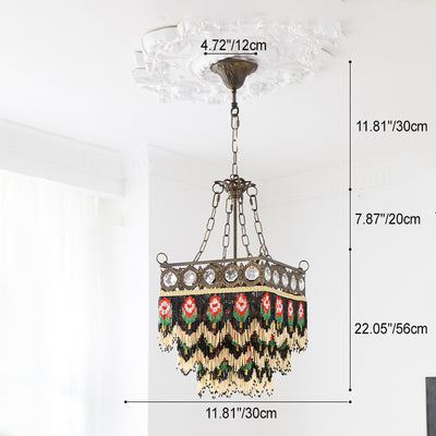 Contemporary Boho Square Brass Frame Rose Flower Tassel Crystal 5-Light Chandelier For Living Room