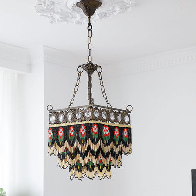 Contemporary Boho Square Brass Frame Rose Flower Tassel Crystal 5-Light Chandelier For Living Room